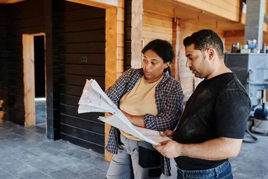 Artisan du bâtiment signant un contrat d'assurance décennale sur un chantier, casque et plans